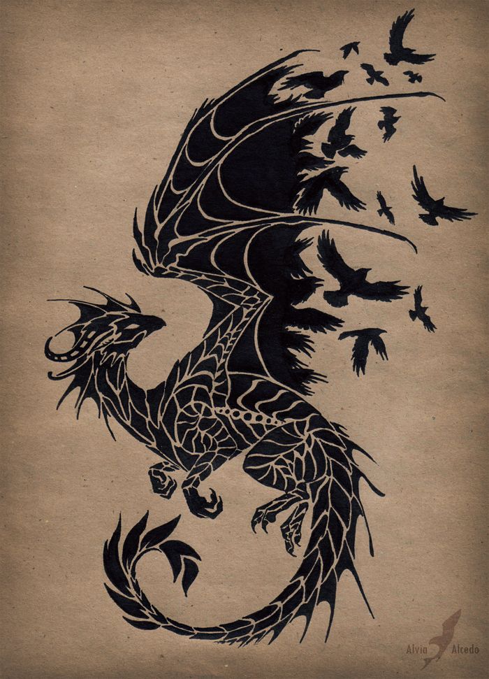 Unique Black Ink Dragon With Flying Birds Tattoo Design By Alvia Alcedo