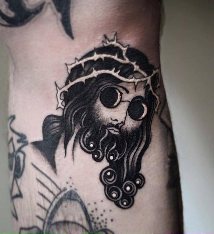 Unique Black Ink Jesus Head Tattoo Design For Sleeve