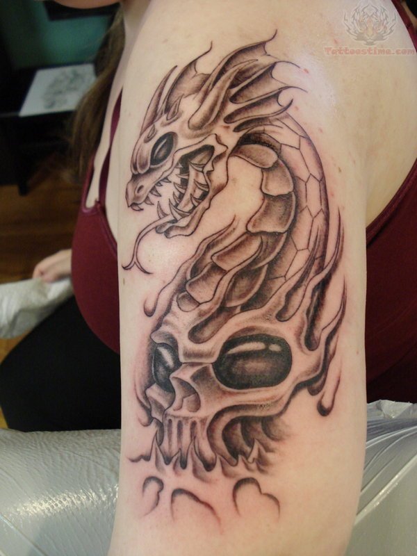 Unique Black Ink Skull And Dragon Tattoo On Women Left Half Sleeve
