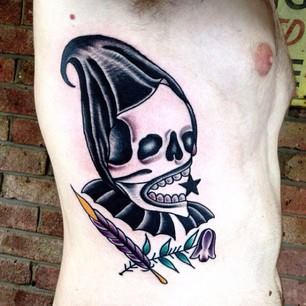 Unique Black Ink Skull Tattoo On Right Side Rib By Sam Ricketts