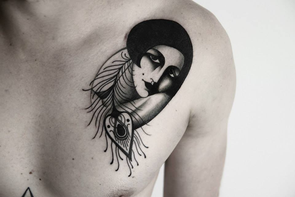 Unique Black Ink Women With Peacock Feather Tattoo On Man Left Front Shoulder By Marcelina Urbanska