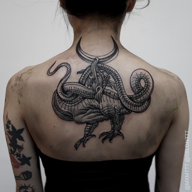 Unique Dotwork Dragon Tattoo On Women Upper Back