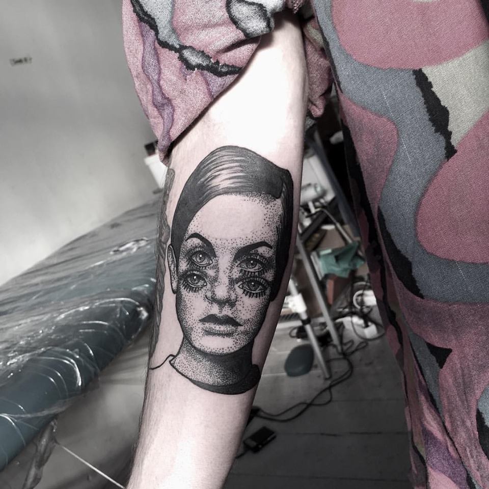 Unique Dotwork Women Face Tattoo On Right Bicep By Filipa Vargas
