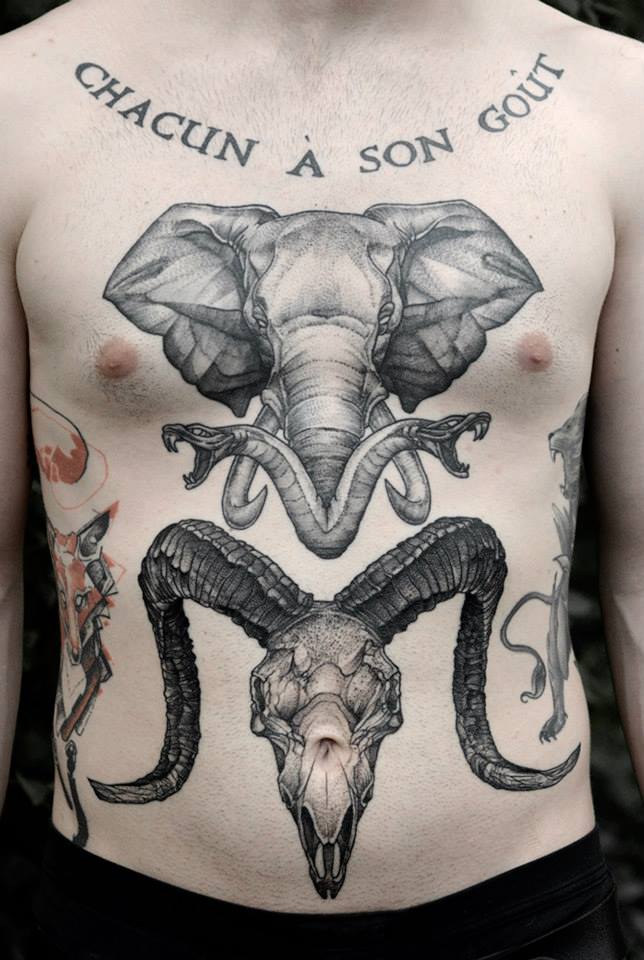 Unique Elephant Head With Snakes And Goat Skull Tattoo On Man Chest And Stomach By Bartosz Wojda