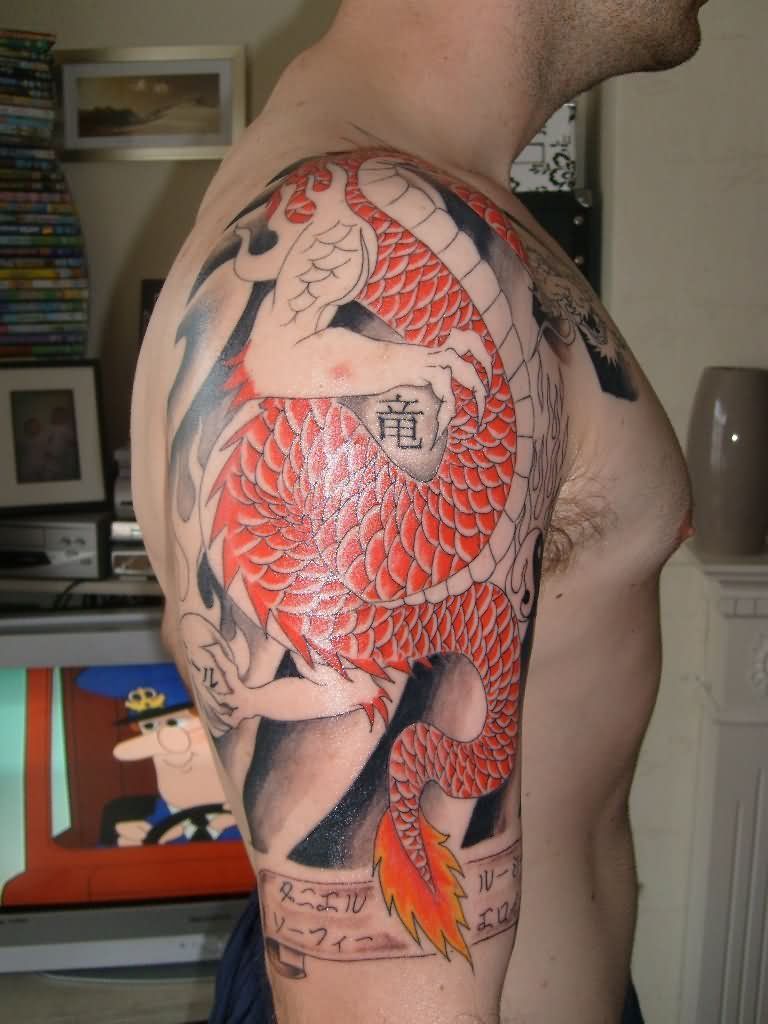 Unique Orange Dragon Tattoo On Man Right Half Sleeve