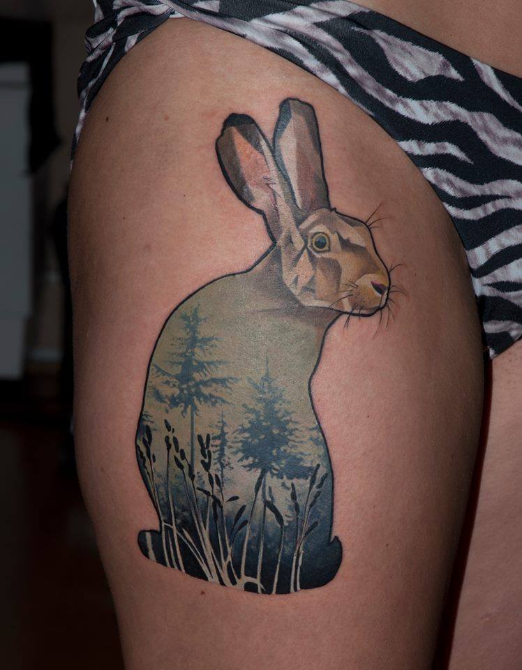 Unique Rabbit Tattoo On Right Thigh