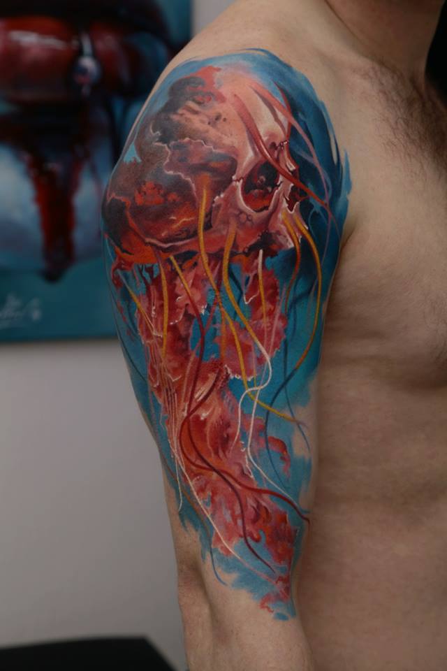 Unique Skull Tattoo On Man Right Half Sleeve By Dmitriy Samohin