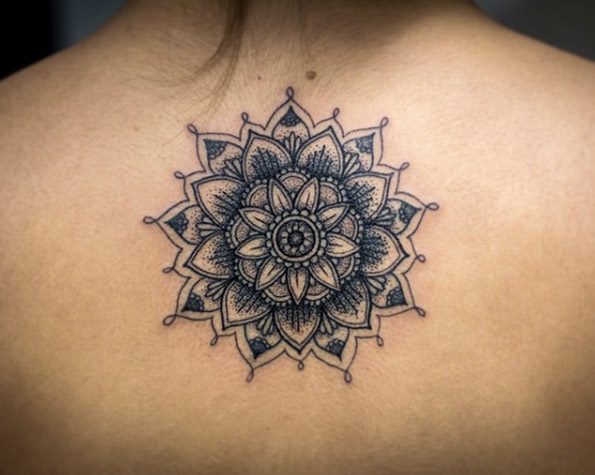 Upper Back Black Mandala Tattoo For Girls