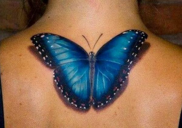 Upper Back Blue Butterfly Tattoo