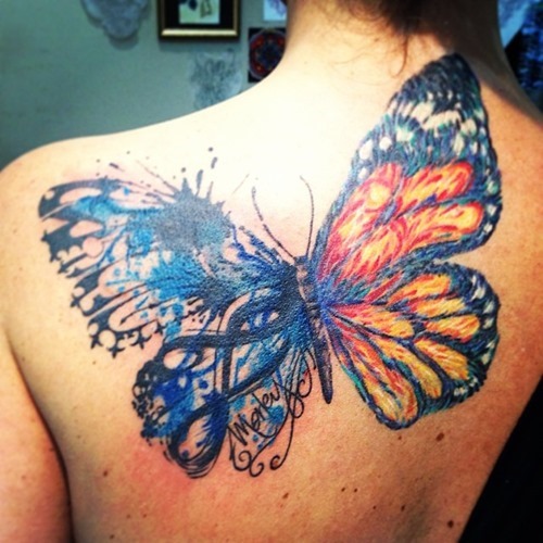 Upper Back Colored Butterfly Tattoo