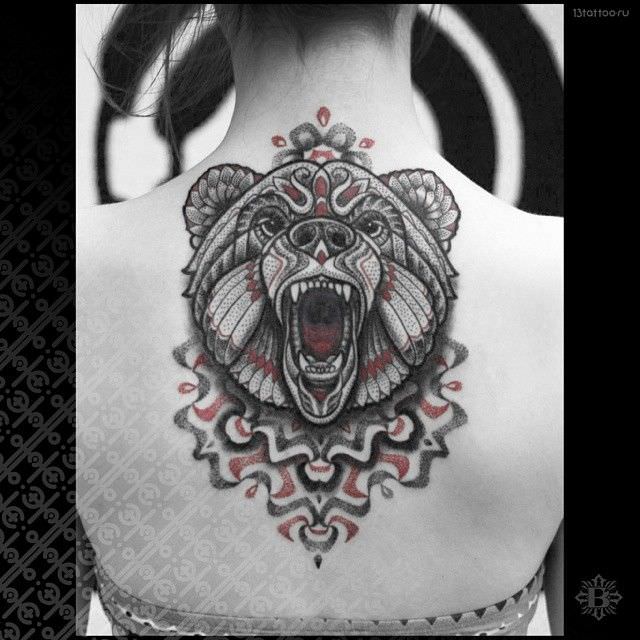 Upper Back Mandala Wolf Tattoo For Girls