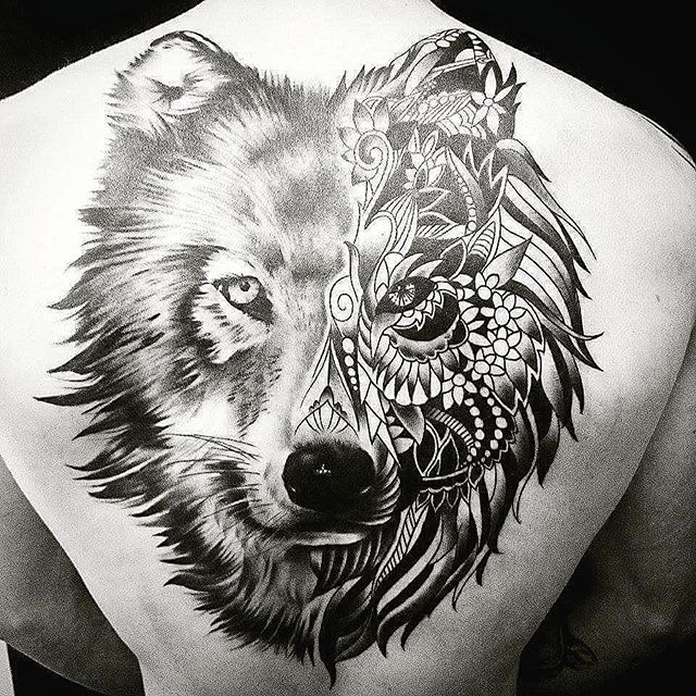 Upper Back Mandala Wolf Tattoo For Men