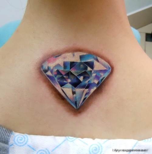 Upper Back Realistic Diamond Tattoo For Girls