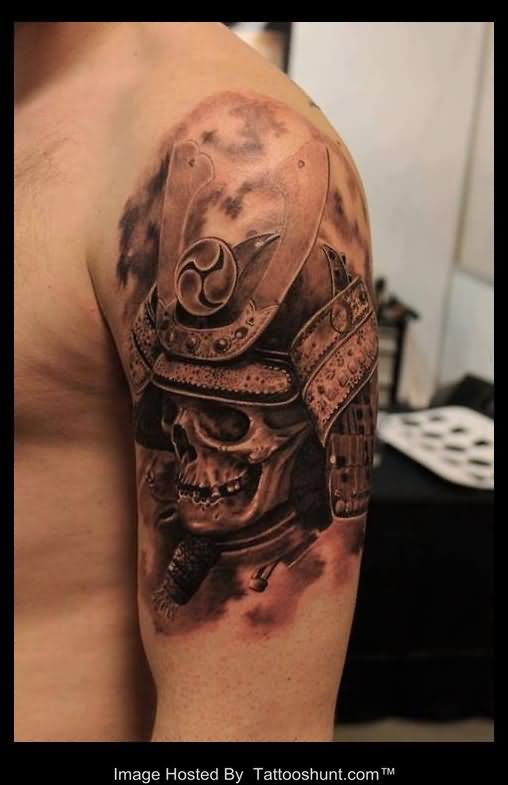 Warrior 3D Skull Tattoo On Man Left Shoulder