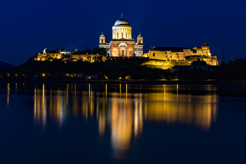 Water Reflection Of Esztergom Basilica In River At Night