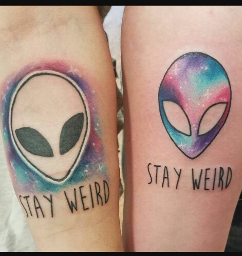 Watercolor Alien Head Tattoo On Couple Sleeve