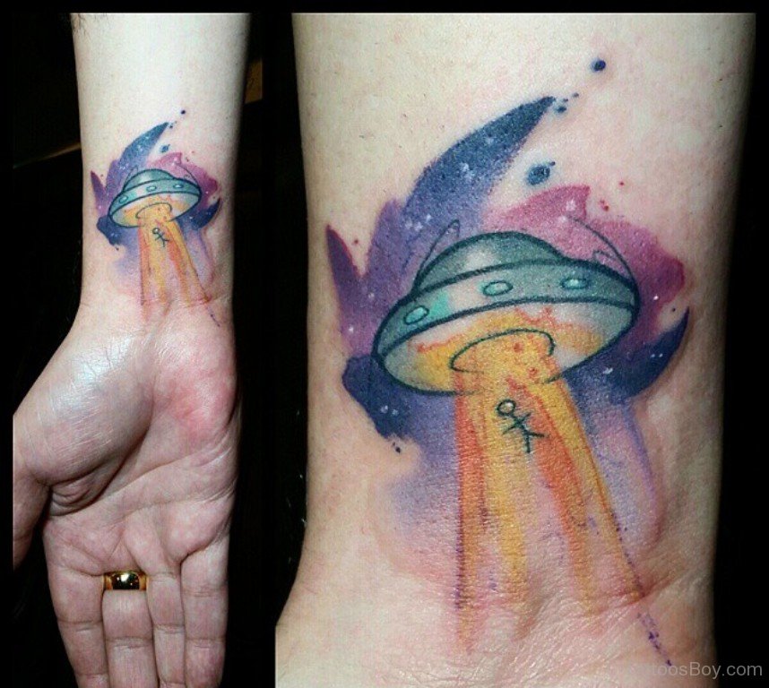 Watercolor Alien UFO Tattoo On Girl Right Wrist