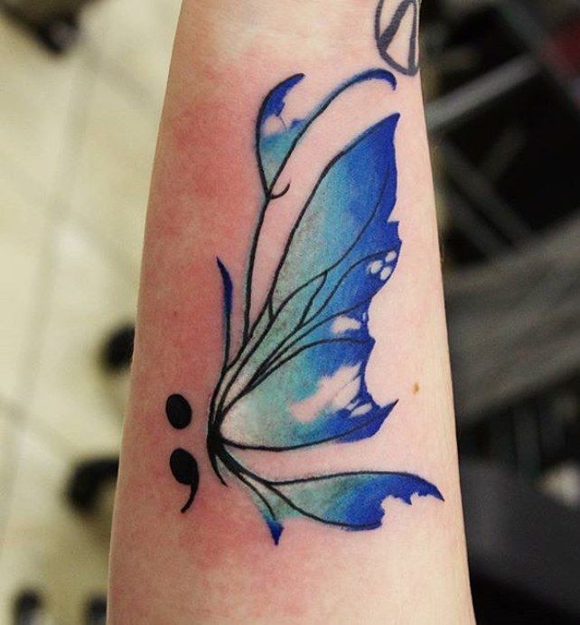 Watercolor Blue Butterfly Tattoo On Arm