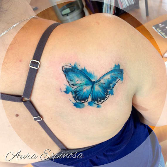 Watercolor Blue Butterfly Tattoo On Right Back Shoulder For Girls