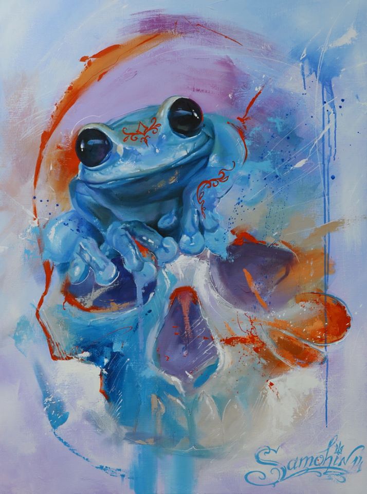 Watercolor Blue Ink Frog With Skull Tattoo Design