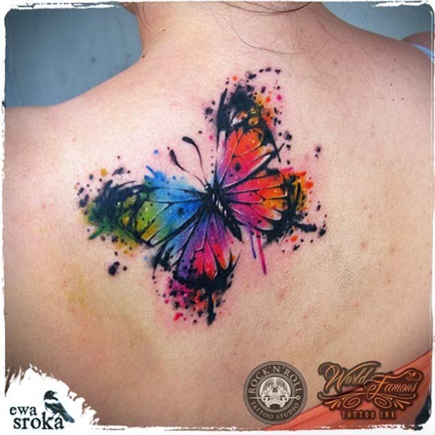 Watercolor Butterfly Tattoo On Back Shoulder