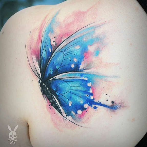 Watercolor Butterfly Tattoo On Left Back Shoulder