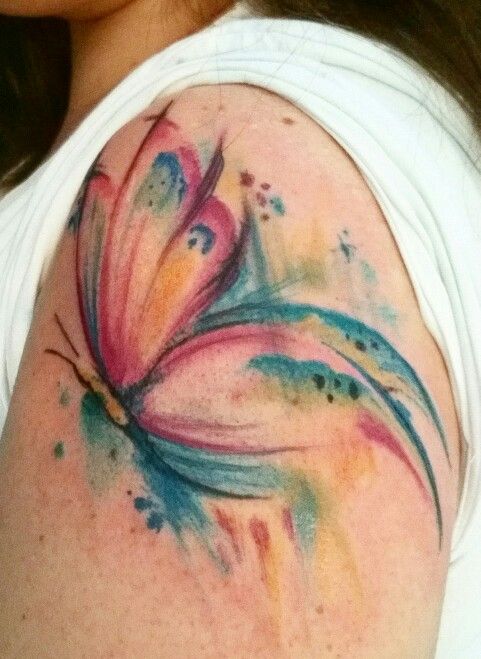 Watercolor Butterfly Tattoo On Left Shoulder