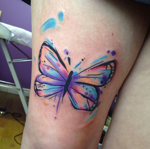 Watercolor Butterfly Tattoo On Right Thigh