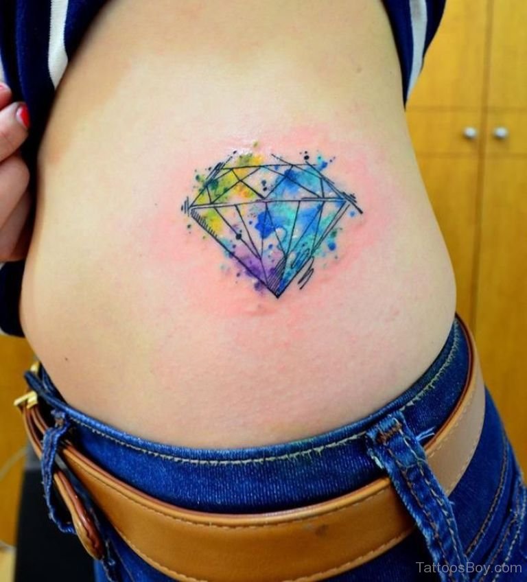 Watercolor Diamond Tattoo On Girl Side Rib