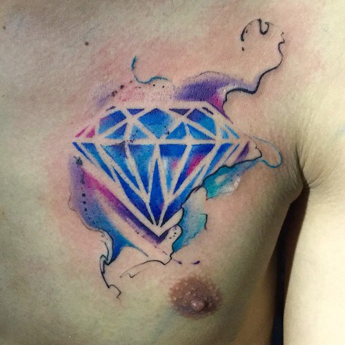 Watercolor Diamond Tattoo On Man Chest