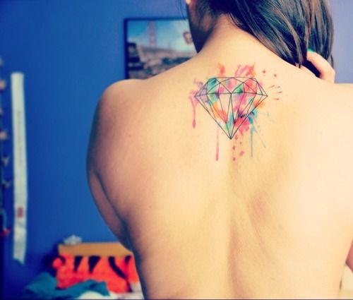 Watercolor Diamond Tattoo On Upper Back