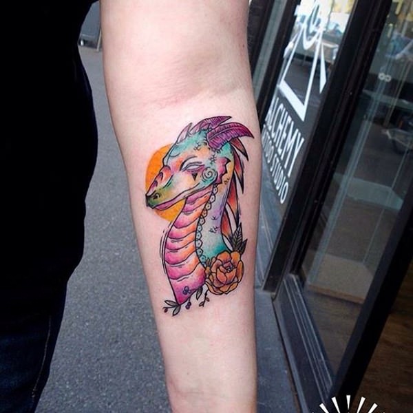 Watercolor Dragon Tattoo On Left Forearm