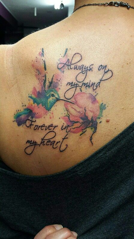 Watercolor Hummingbird – Always On My Mind Forever In My Heart Memorial Tattoo On Left Back Shoulder