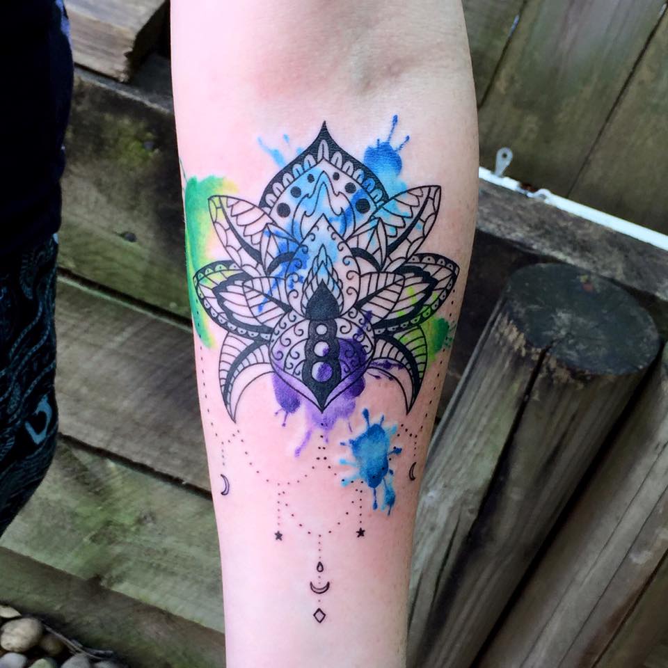 Watercolor Lotus Mandala Tattoo On Forearm