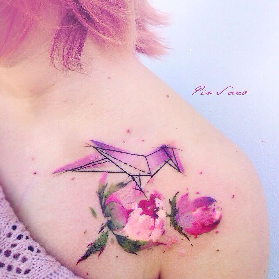 Watercolor Paper Bird With Peony Flowers Tattoo On Women Left Front Shoulder