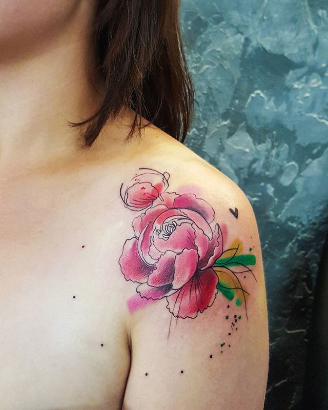 Watercolor Peony Flower Tattoo On Girl Left Shoulder