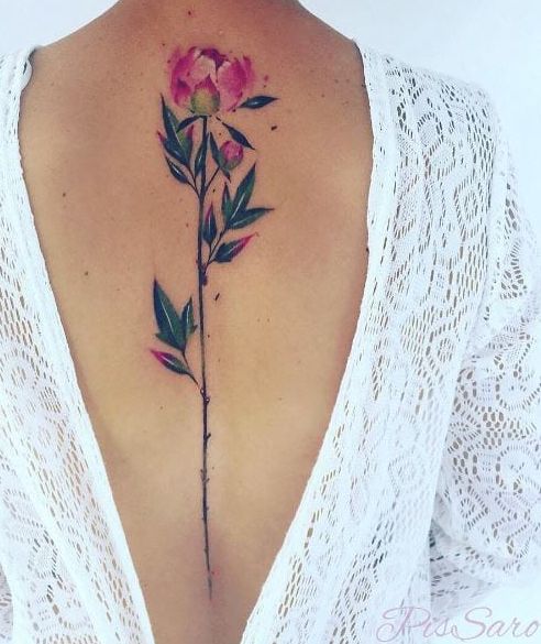 Watercolor Peony Flower Tattoo On Women Upper Back