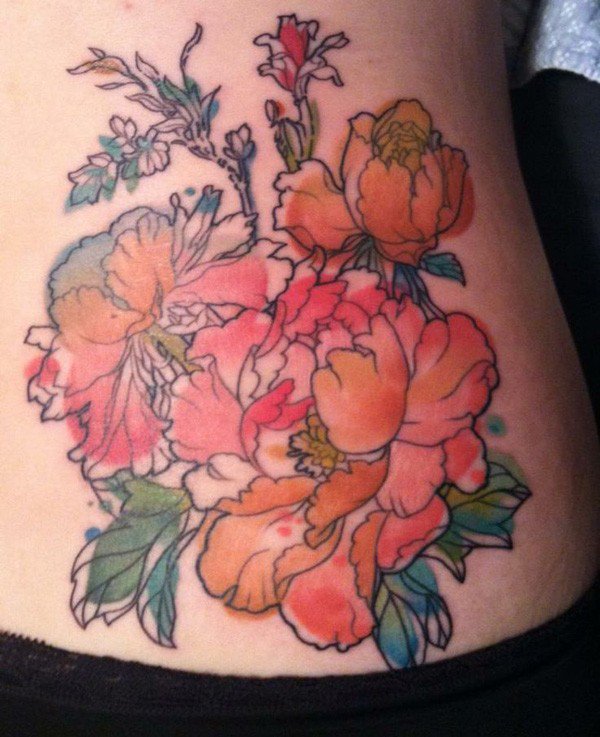 Watercolor Peony Flowers Tattoo On Lower Back