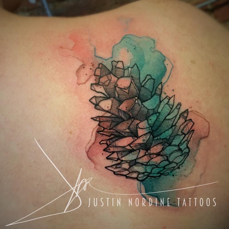 Watercolor Pine Cone Tattoo On Right Back Shoulder By Justin Nordine