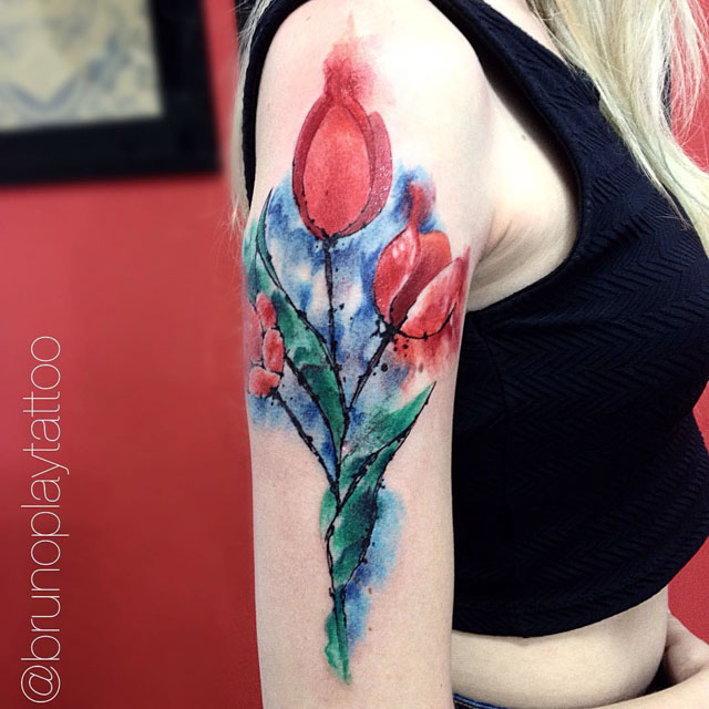 Watercolor Tulip Tattoo On Girl Half Sleeve