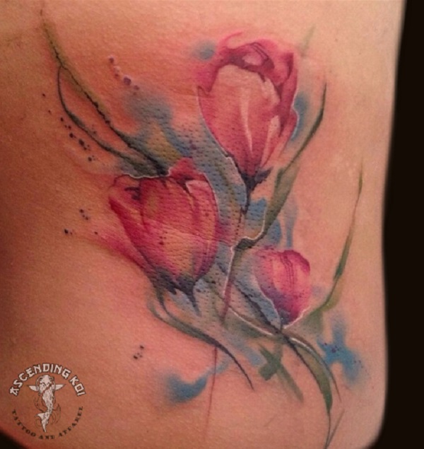 Watercolor Tulip Tattoo On Rib Side