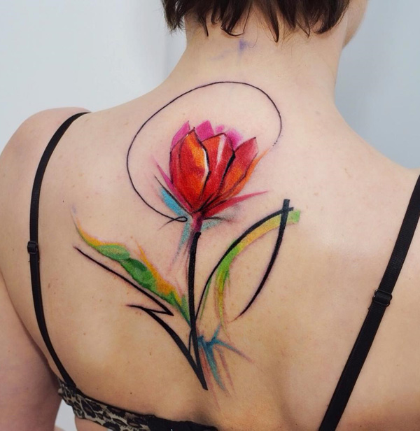 Watercolor Tulip Tattoo On Upper Back