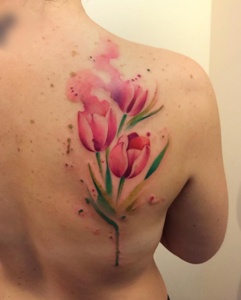 Watercolor Tulip Tattoos On Right Back Shoulder