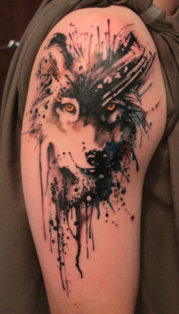 Watercolor Wolf Tattoo On Shoulder