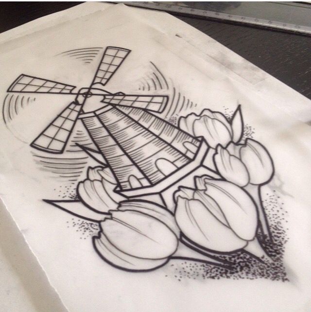 Windmill And Tulip Flowers Tattoos Design