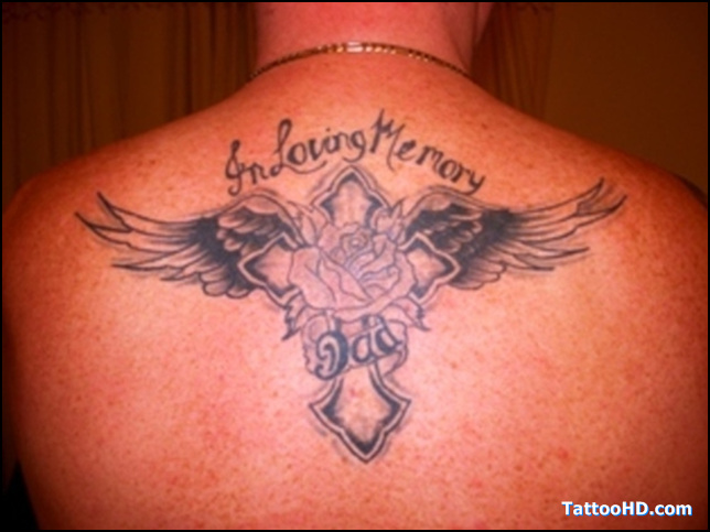 Winged Cross With Rose And Dad Memorial Tattoo On Back