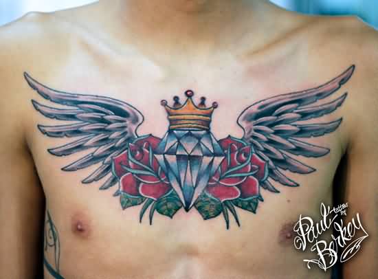 Winged Red Roses And Crown Diamond Tattoo On Chest