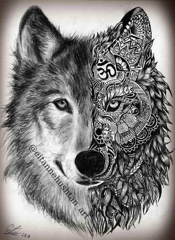 Wolf Face With Mandala Flowers Tattoo Design