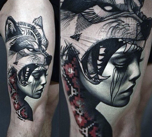 Wolf Head Girl Tattoo On Side Leg