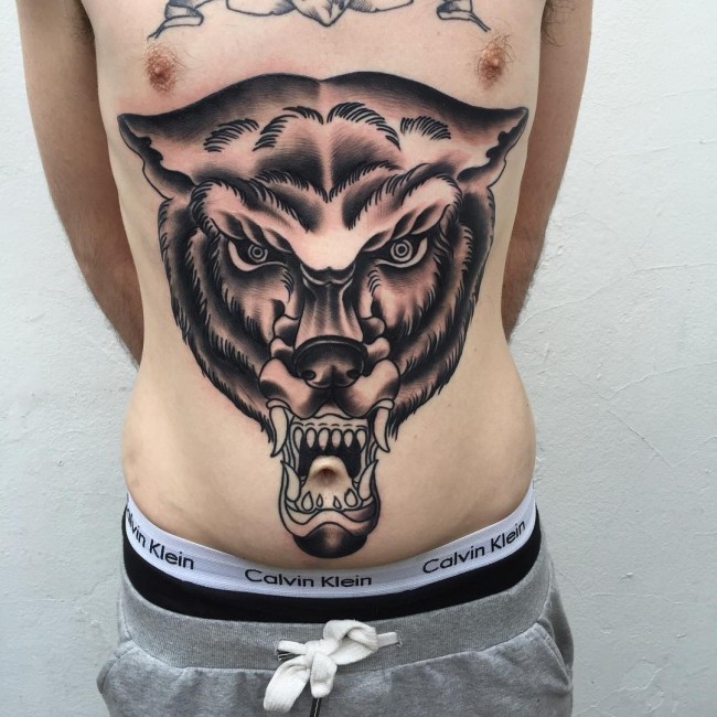 Wolf Head Tattoo On Stomach